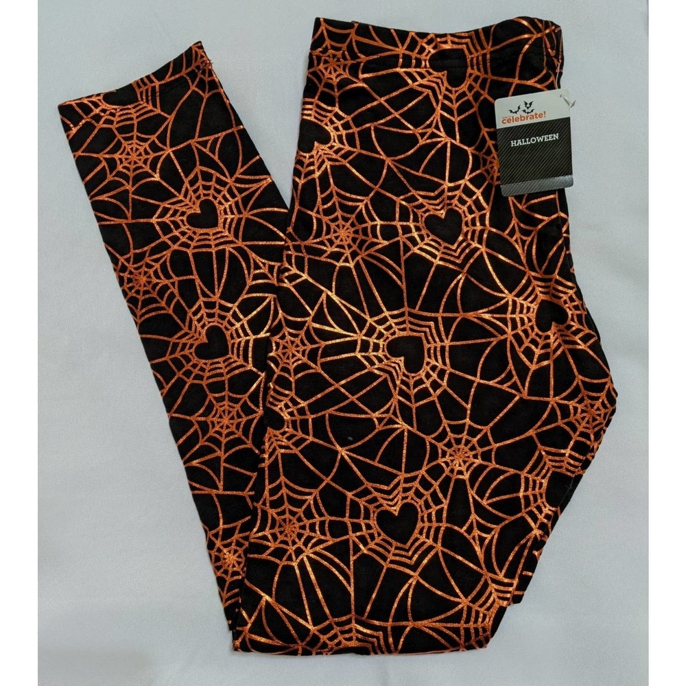 4/$20 Girls XXL 18 Halloween Leggings bright orange spider web heart love
